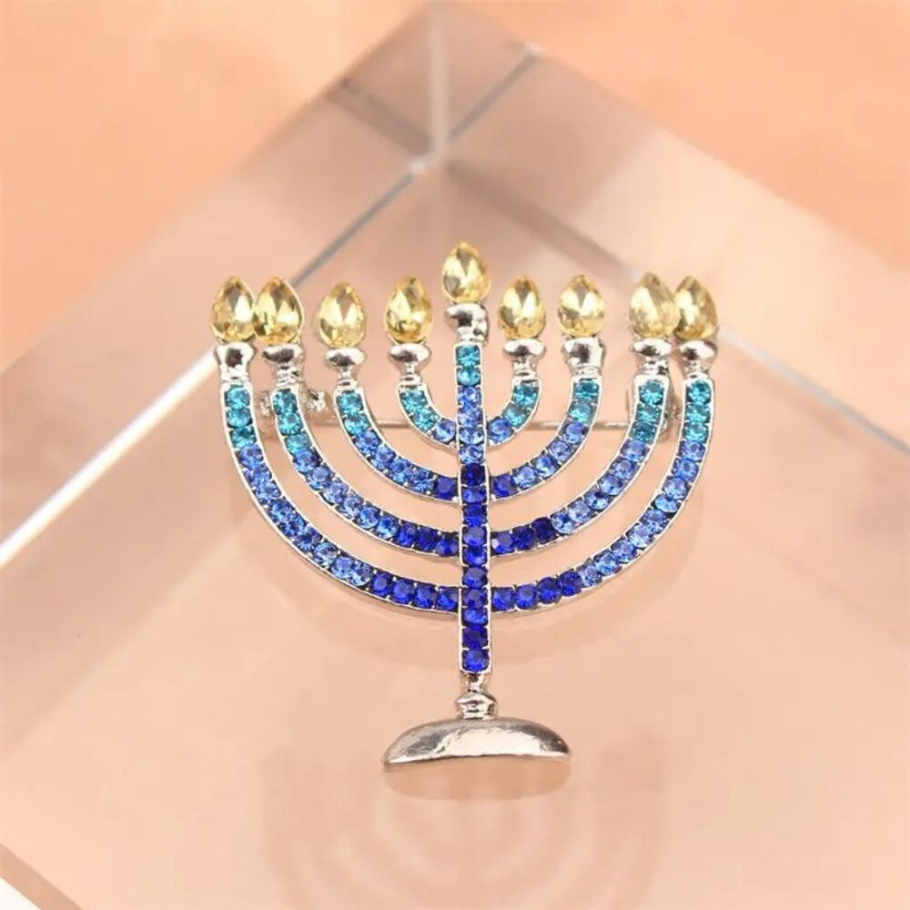 🎁BEST SELLER🎁 Hanukkah Meborah Brooch Silver Rhinestone